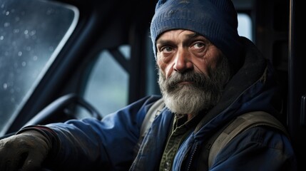 Portrait, a man truck driver with a serious and tired face.