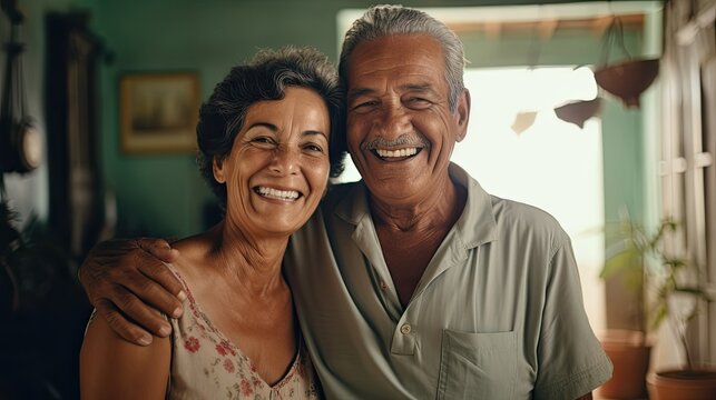 Senior cuban couple embraced sitting at home.