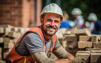 Happy bricklayer looking at the camera in the workplace. - obrazy, fototapety, plakaty