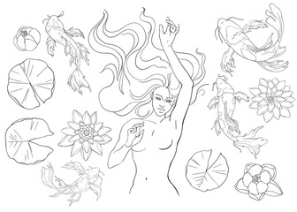 Girl with flowers and water lily leaves and koi fish. Separate elements on a white background. Set of line drawings. For high quality printing on clothing and objects. From the ZODIAC collection. High