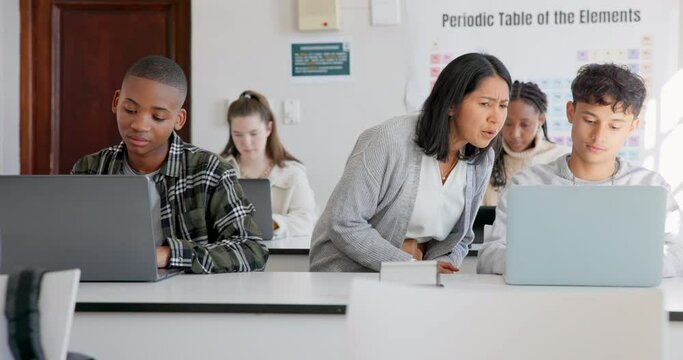 Teacher, students and science, laptop in classroom with learning, education and innovation with tech. Explain, information and high school with people in class, teaching and scientific knowledge