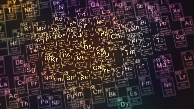 periodic table of the elements on black blackground,history of chemical elements, represents the atomic number and symbol.,3d rendering - Powered by Adobe