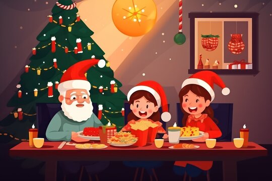 Merry Christmas Happy family are having dinner at home