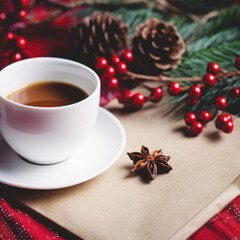 Obraz na płótnie Canvas closeup of white coffee cup for mockup design with christmas decor, AI generated