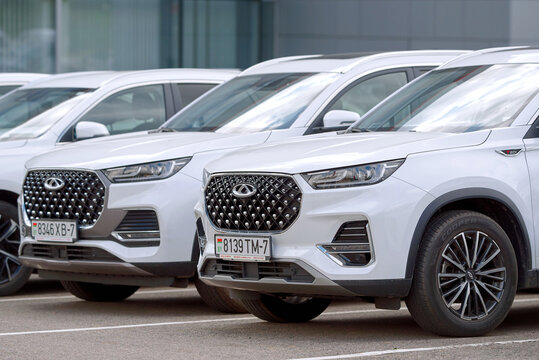 Minsk, Belarus. Aug 31, 2023. Chery Tiggo 8 Pro new chinese cars parked in row outdoors, brand new car for sale. Chinese crossover parked on dealership`s parking lot, SUV car Chery for sale