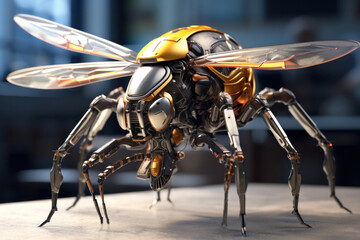 Bionic bee flying, transclucent wings, Robotic bug, robotic bee, wasp, science fiction. Photo realistic concept art, illustration - obrazy, fototapety, plakaty