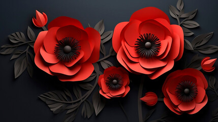 Remembrance day lest we forget. realistic red poppy flower international symbol of peace with paper cut art and craft style on black background