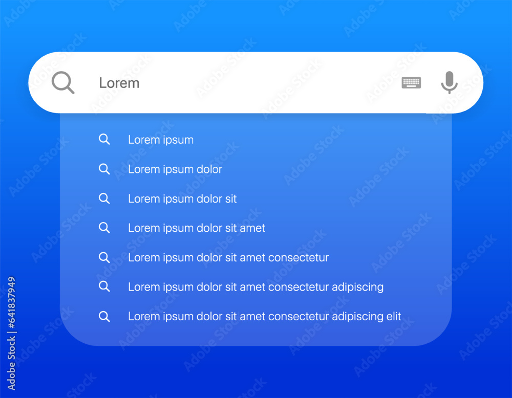 Fototapete Search Bar with suggestions for UI UX design and web site. Search Address and navigation bar icon. Collection of search form templates for websites. Search engine web browser window template.