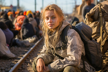 Portrait of a refugee sitting at a railway station with people.