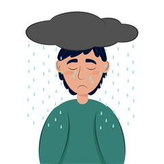 Above the sad young man hangs a gray cloud from which it rains. Mental health depression.