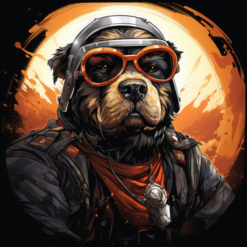 An artistic Bulldog motorcycle t-shirt design, showcasing a bulldog with a vintage aviator helmet and scarf riding a chopper-style motorcycle, Generative Ai