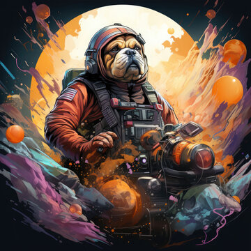 A cosmic adventure English Bulldog motorcycle t-shirt design, showcasing a bulldog rider on a spacefaring motorcycle, Generative Ai