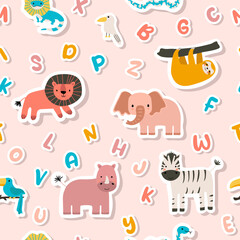 Vector sticker pattern with lion, zebra, rhinoceros, elephant, sloth,alphabet.Tropical jungle cartoon creatures.Cute natural pattern for fabric, childrens clothing,textiles,wrapping paper.