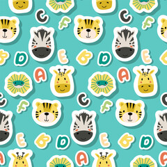 Obraz premium Vector sticker pattern with lion, zebra, giraffe, lizard.Tropical jungle cartoon creatures.Pastel animals background.Cute natural pattern for fabric, childrens clothing,textiles,wrapping paper.