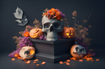 day of the dead skull with flowers on a podium paper art style ai generated background