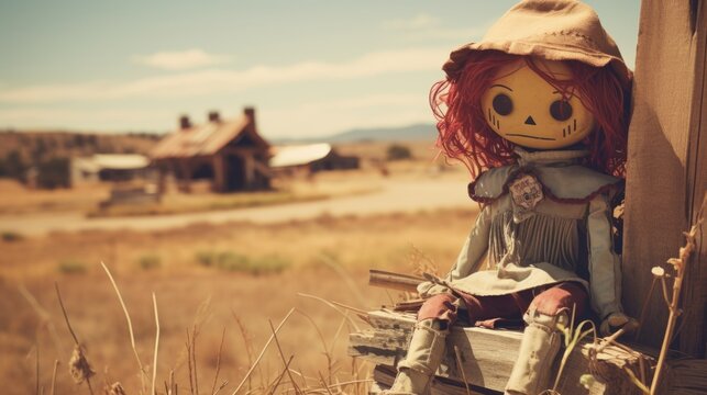 Creepy red hair scarecrow with horribly ugly face ready to frighten anyone from entering this scary desert ghost town in the middle of nowhere- generative AI