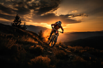 Fototapeta na wymiar A mountainbiker descending a steep slope on a hill at sunset