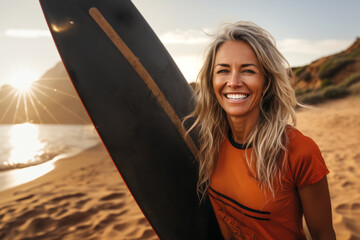 A mature woman on the beach with a surfboard.