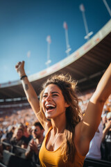 Female sport fan celebrating a victory in stadium