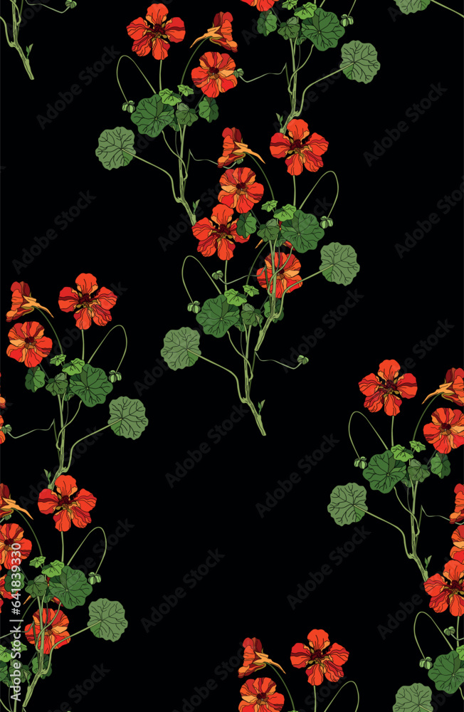 Wall mural flowers and leaves in vintage style, seamless pattern.