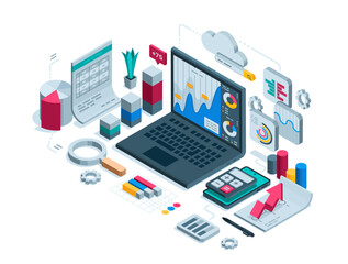 isometric laptop with a set of charts and charts in color on a white background, a concept on the topic of collecting and processing financial statistical data