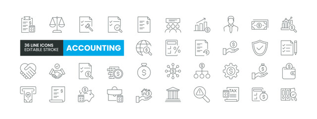 Set of 36 Accounting line icons set. Accounting outline icons with editable stroke collection. Includes Accounting, Tax, Audit, Financial Audit, Accountant and More.