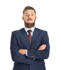 Portrait of handsome businessman in suit on white background
