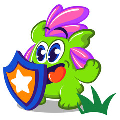 Vector mascot, cartoon and illustration of a cute fat green imaginary creature with pink bushy hair with a shield with a star sign