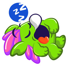Vector mascot, cartoon and illustration of a cute fat green imaginary creature with bushy pink hair sleeping soundly