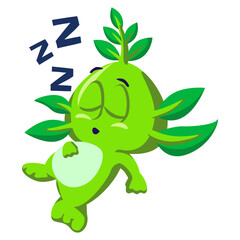 Vector mascot, cartoon and illustration of a cute imaginary creature with leaf hair sleeping soundly