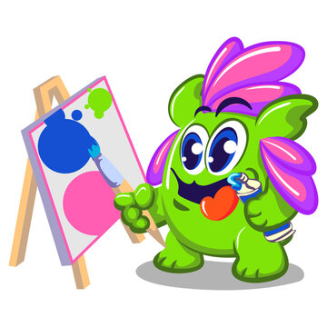 Vector mascot, cartoon and illustration of a cute chubby green imaginary creature with pink bushy hair paints the canvas with bright paints