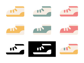 Set with shoe icons. Young and fun style. Beautiful vector illustration in fashionable colors. Colorful sneakers. Of the color yellow, green and pink. Also negative and positive version
