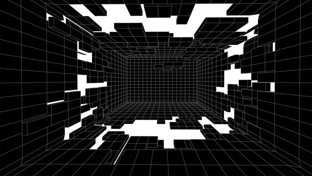 Digital black destroyed tunnel with holes. Wireframe grid box, network connection technology. Futuristic portal pattern. Vector illustration.