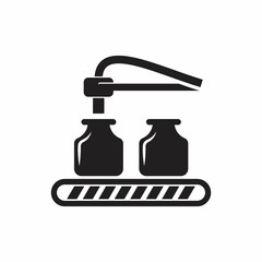 Pharmaceutical, supplement, nutraceutical or cleaning product manufacturing industry icon. Consist of robot or automated machine filling liquid in bottle package on conveyor and production line
