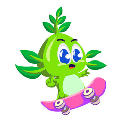 Fototapeta premium Vector mascot, cartoon and illustration of a cute imaginary creature with green leafy hair on a skateboard