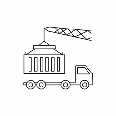 crane loading container on truck in port line icon. crane loading container on truck in port sign. isolated contour symbol black illustration