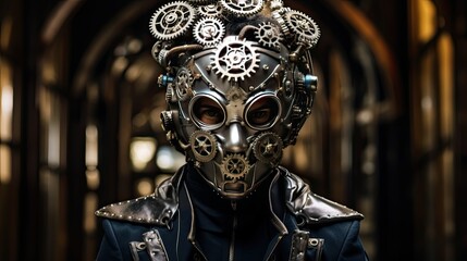 Model in a mask adorned with gears and cogs, set in an industrial setting with steam effects. Carnival mask. 