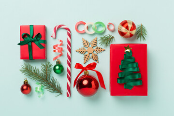 Christmas flat lay composition on color background, top view