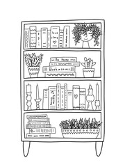 Hand drawn doodle bookshelf isolated. Vector bookshelf sketch with books and home decor