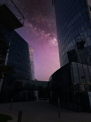 Abstract collage of starry sky and fragment of modern building, Vienna, Austria.