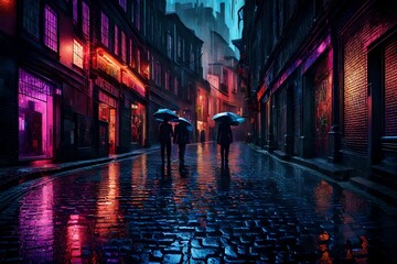 In an urban labyrinth, rain-soaked cobblestones reflect the city's neon lights, creating a mesmerizing scene