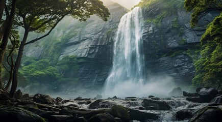 waterfall in the mountains, waterfall in the forest, waterfall scene, waterfall and rocks
