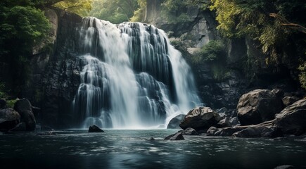 waterfall in the mountains, waterfall in the forest, waterfall scene, waterfall and rocks