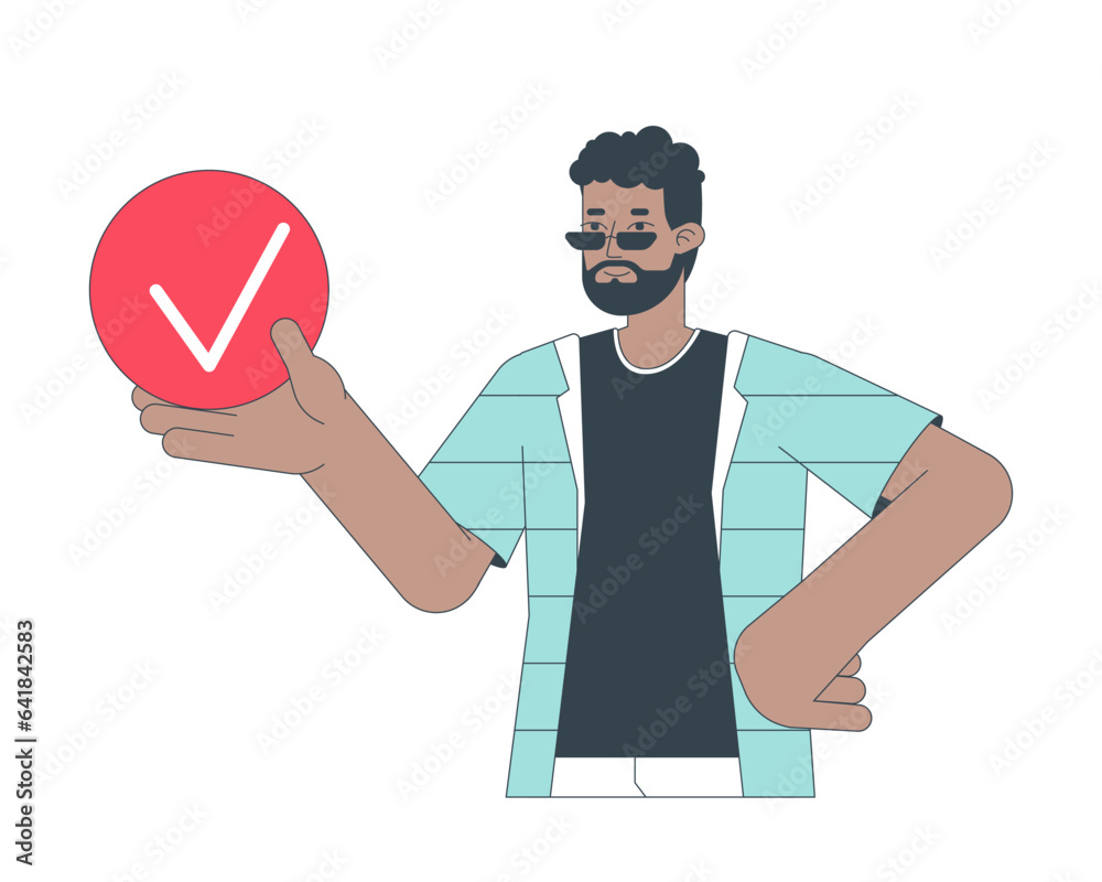 Poster man holding bullet point with tick flat line concept vector spot illustration. completed task 2d car
