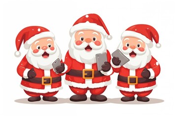 Obraz premium Three Santa Clauses use a smartphone to communicate