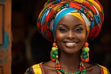 Portrait of African woman with bright colored headwear 