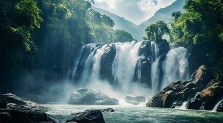 waterfall in the mountains, waterfall in the forest, waterfall scene, waterfall and rocks