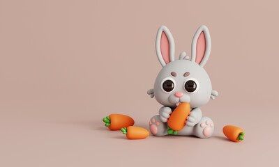 Cute Rabbit Sitting with Carrots Isolated on Purple Background. Animals and Food Icon Cartoon Style Concept. 3D Render Illustration
