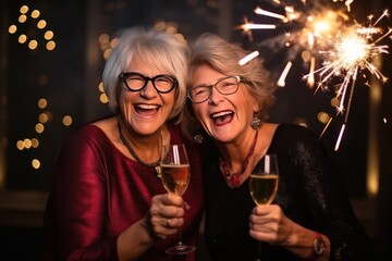Two beautiful stylish mature senior women with sparklers