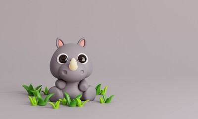Cute Rhinoceros Sitting with Grass Isolated on Grey Background. Animals and Food Icon Cartoon Style Concept. 3D Render Illustration